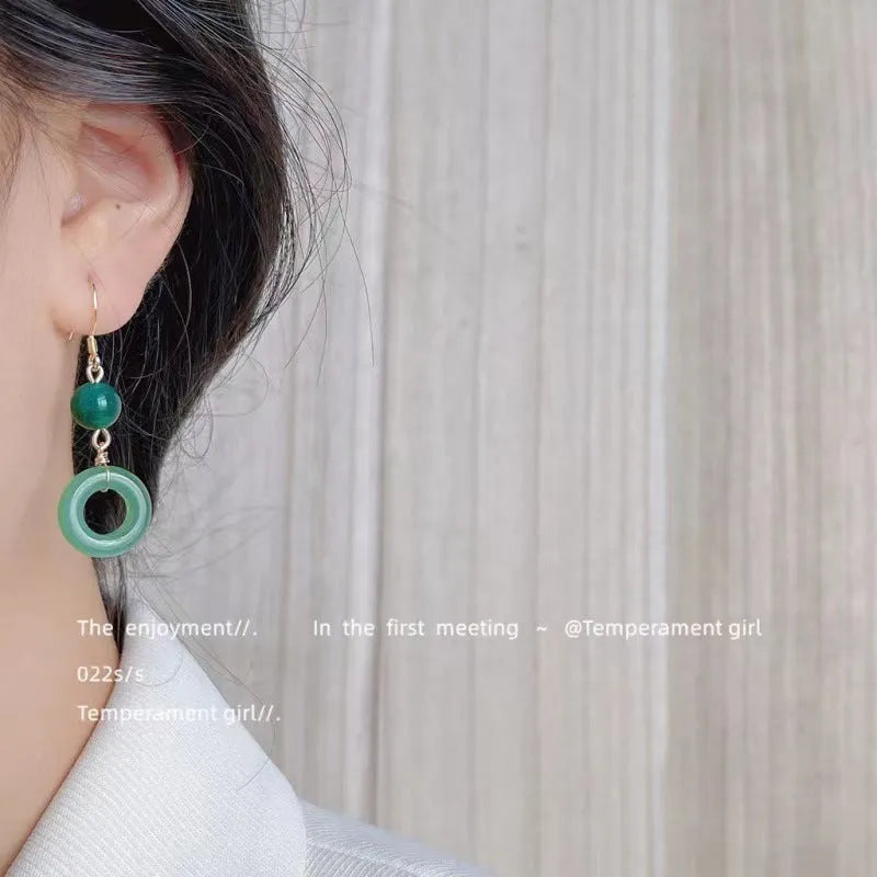Green Chinese-style geometric peace buckle earrings with zinc alloy construction and gold plating