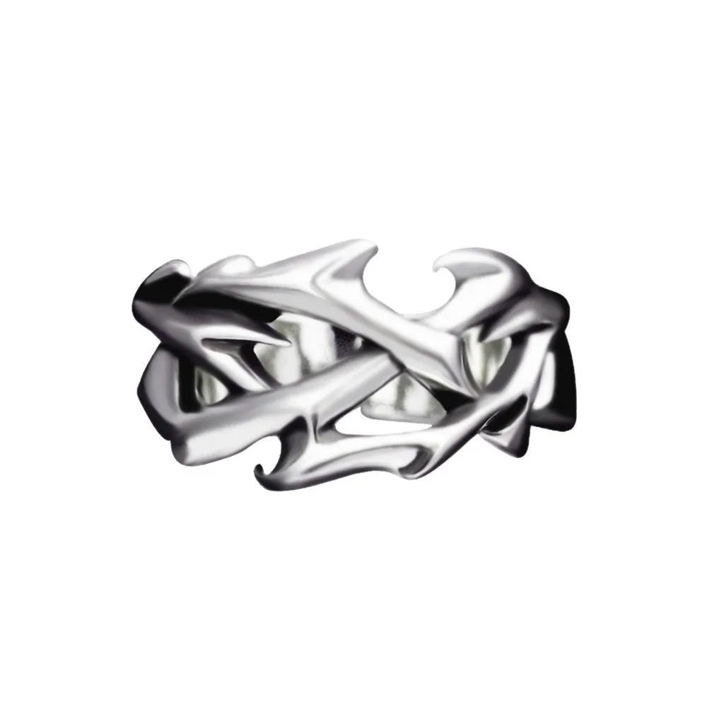 Copper adjustable ring with geometric thorn and flower design in J2150 colour on a hand.