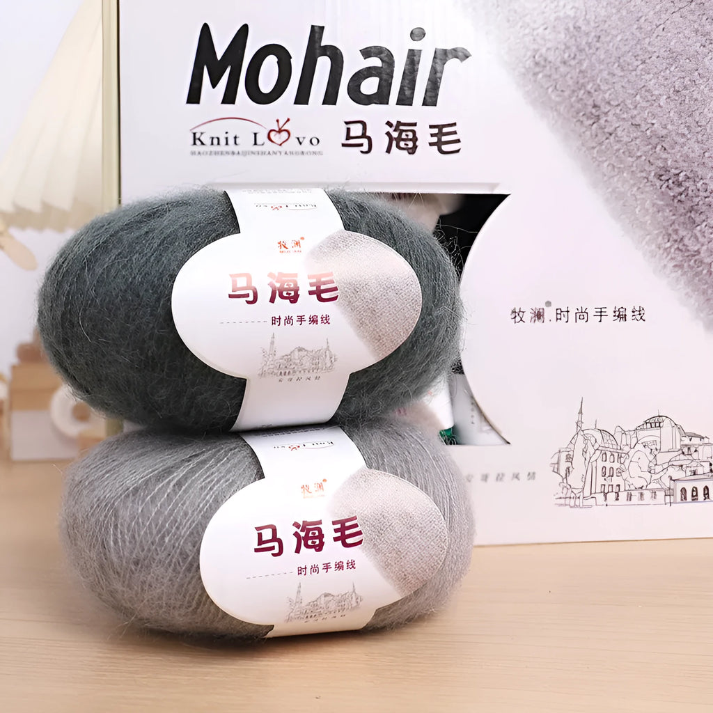 A ball of mohair yarn for a hand-woven DIY scarf kit, shown with a selection of its 34 colour options.