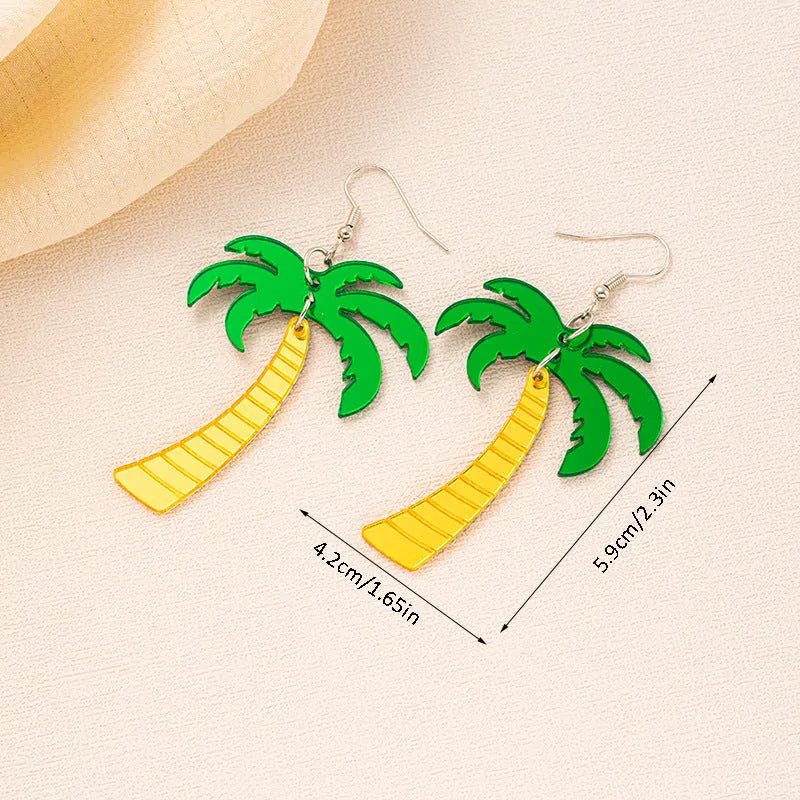 Acrylic drop-shaped earrings with coconut leaf pattern in one of five colours on an alloy hook.