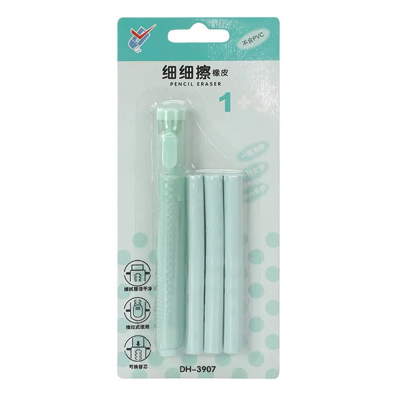 Children's push-type automatic eraser in blue, green, pink or purple measuring 12x8cm