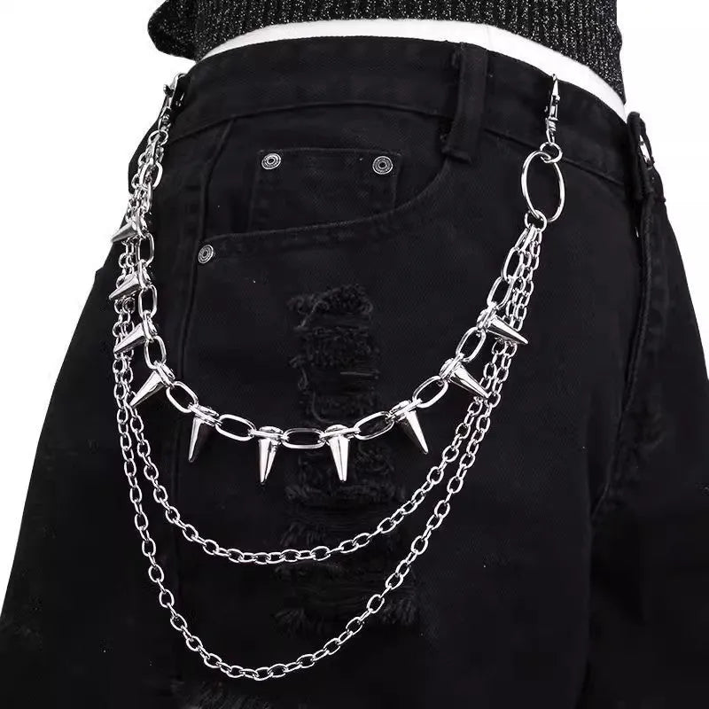 Silver metal pants chain with double-layer design and rivet detailing for punk hip hop fashion