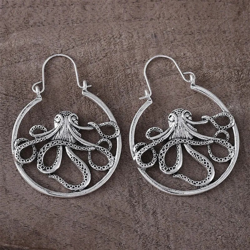 Vintage antique silver octopus earrings with detailed tentacle design on zinc alloy