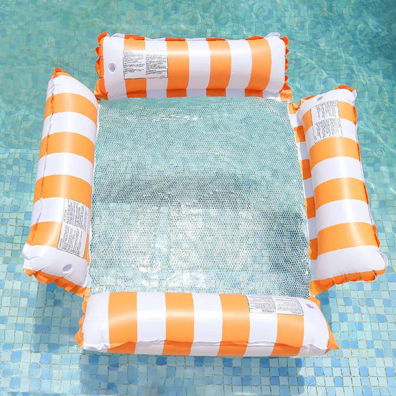 Orange striped inflatable floating deck chair with four tubes and mesh seat on blue water.