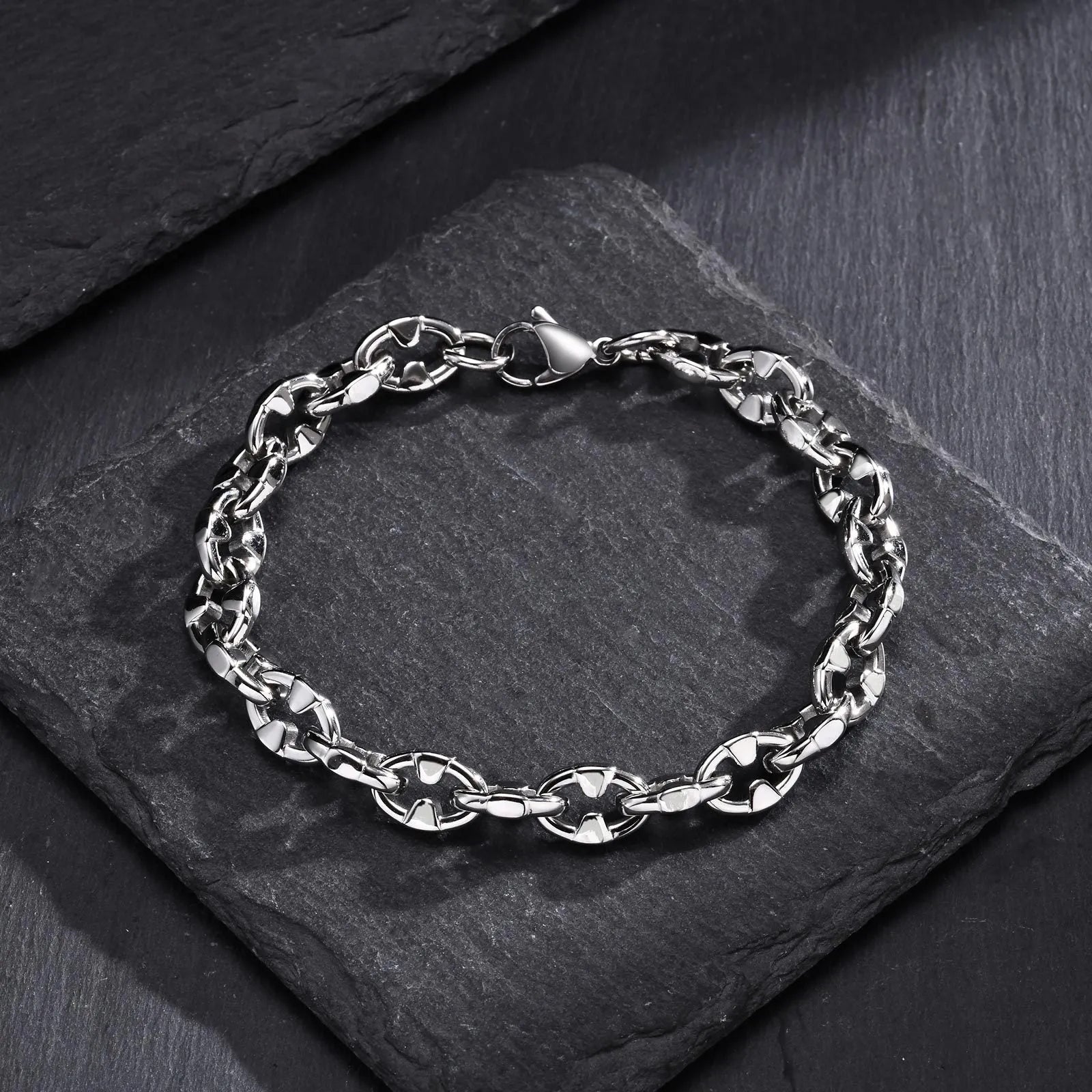 Handmade thick stainless steel geometric chain bracelet for men, shown in steel colour.