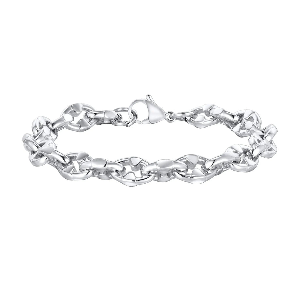 Handmade thick stainless steel geometric chain bracelet for men, shown in steel colour.