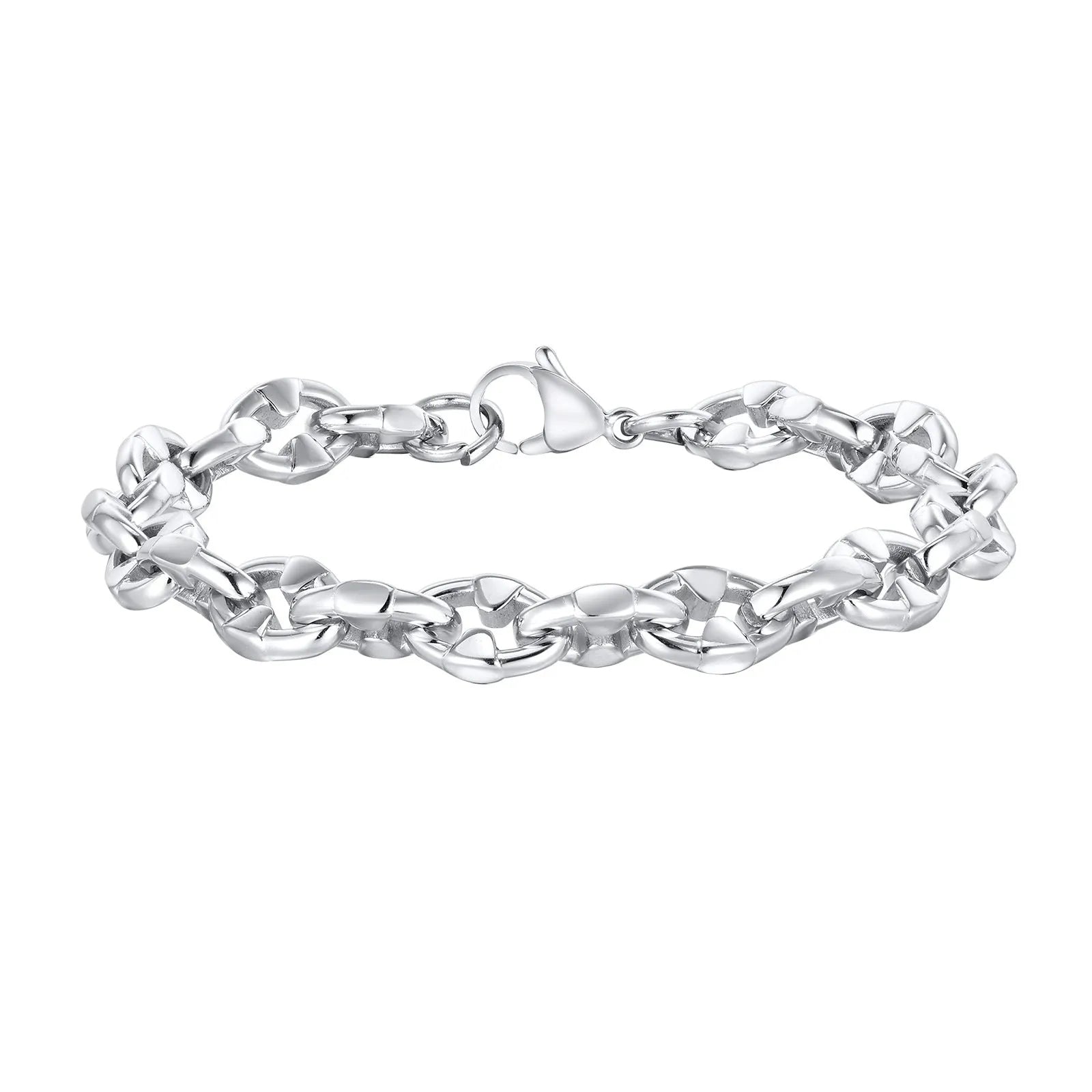 Handmade thick stainless steel geometric chain bracelet for men, shown in steel colour.