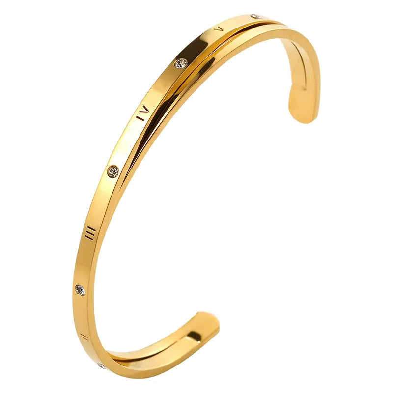 Open-ended stainless steel bracelet with inlaid zircon stones in rose, steel or gold electroplated finish