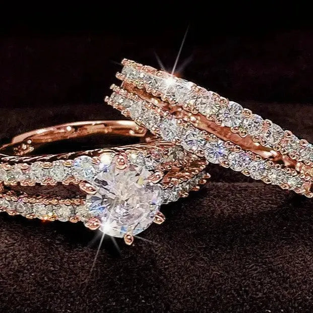 2 in 1 geometric female ring set in gold, rose gold, or silver plating with round design elements