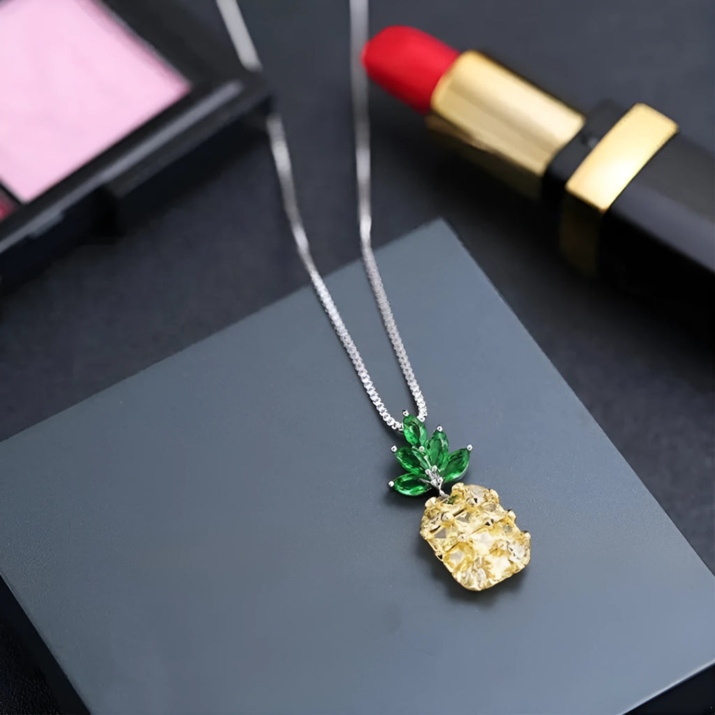 Silver Korean women's necklace with a geometric pineapple and diamond charm on an adjustable chain.