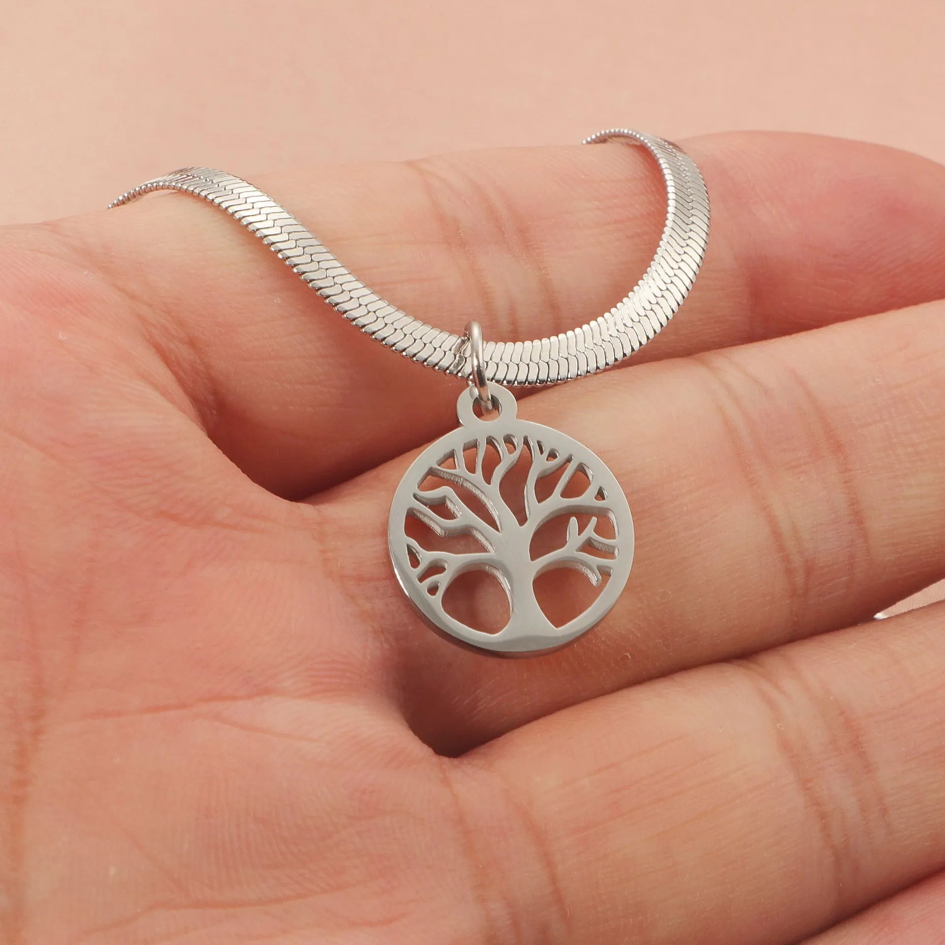 Stainless steel lucky tree pendant necklace on snake bone chain in gold finish
