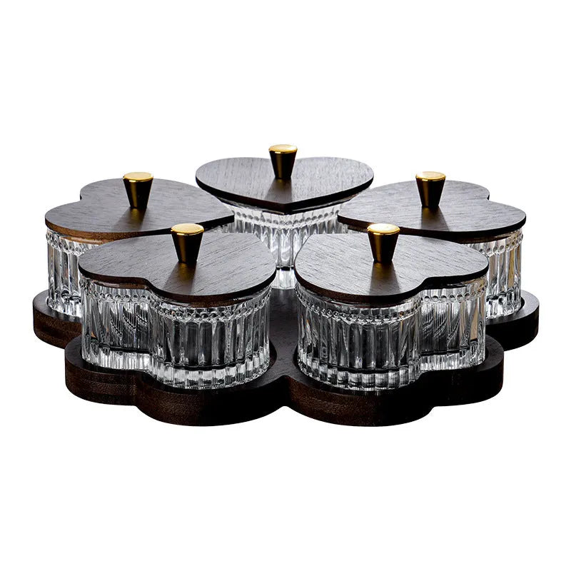 Glass retro serving tray with coloured glaze and heart-shaped transparent lids, available in 2, 3, 4, or 5 grid options.