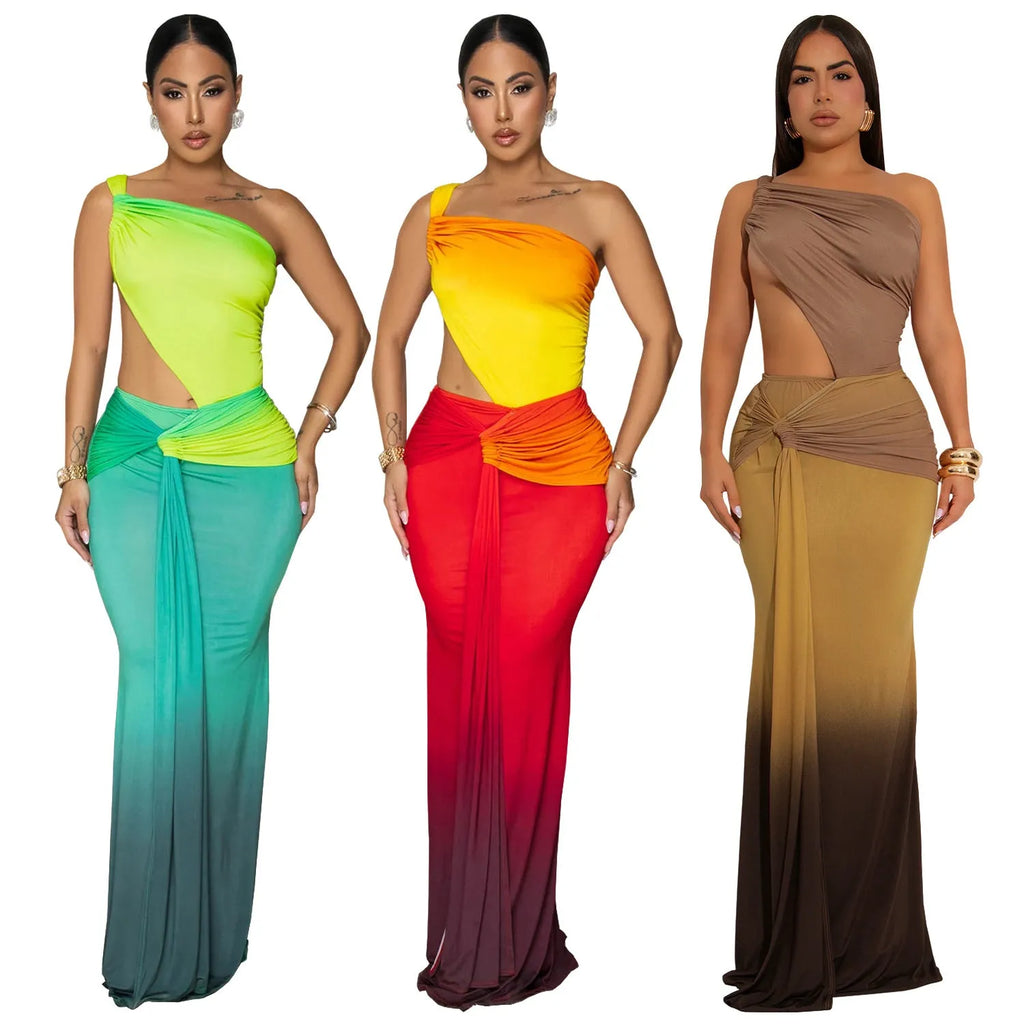 Women's sleeveless cross-shoulder dress in a gradient colour with a high waist and long skirt.