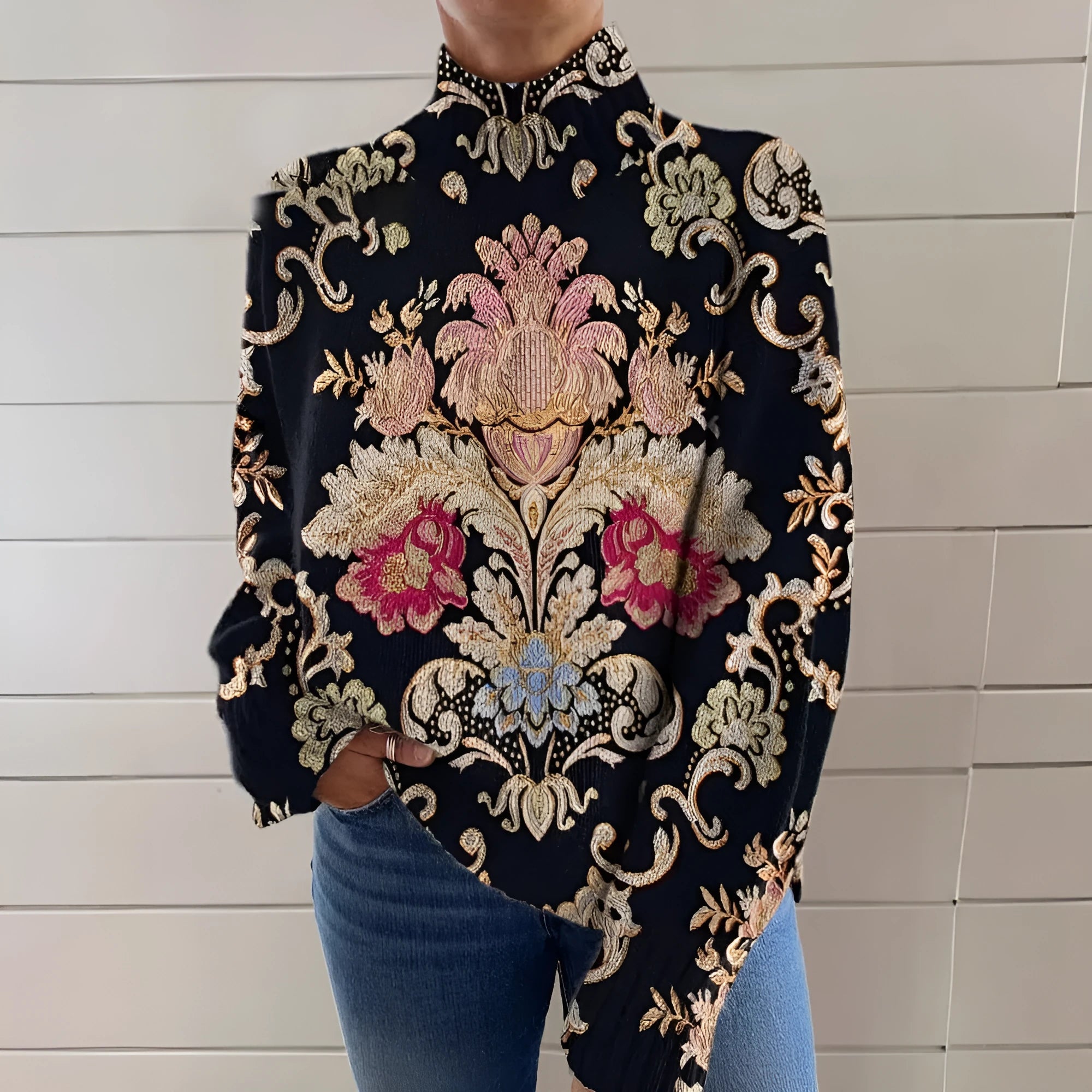 Women's black 3D pattern printed turtleneck sweater with loose fit and regular sleeves