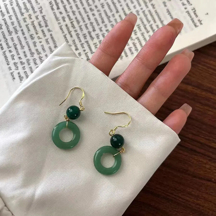 Green Chinese-style geometric peace buckle earrings with zinc alloy construction and gold plating