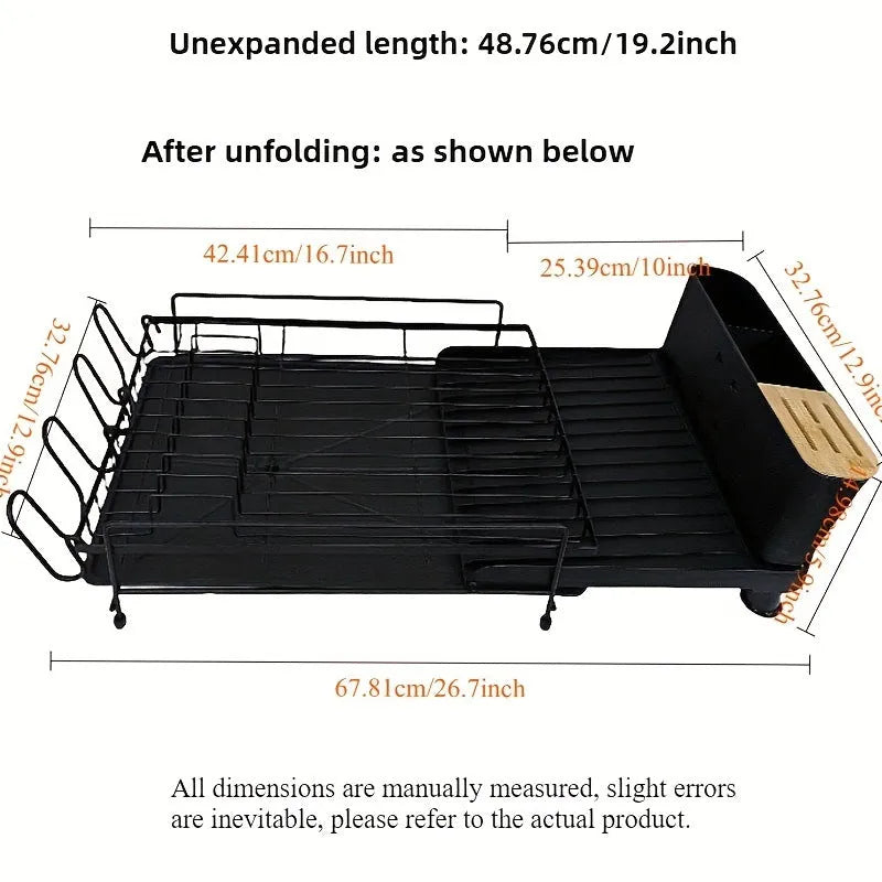 Carbon steel retractable kitchen dish rack holding cutlery and cups for drying