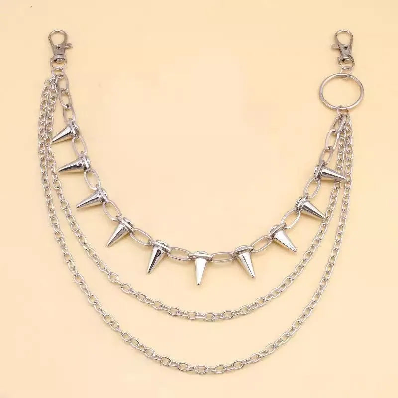 Silver metal pants chain with double-layer design and rivet detailing for punk hip hop fashion