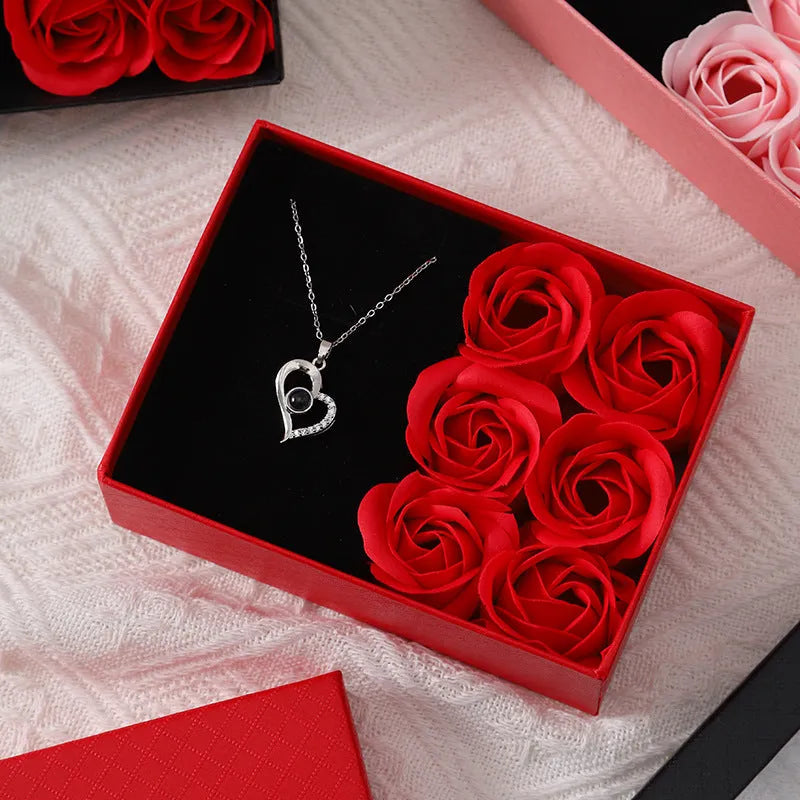 Korean style red soap flower gift set with six artificial roses in a jewellery box.