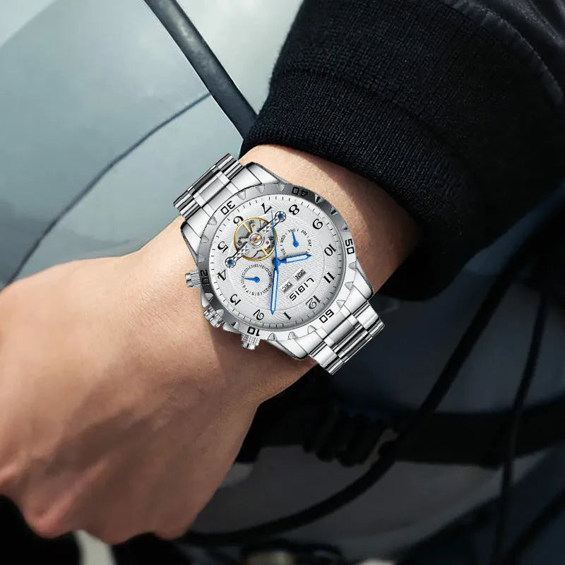 Men's silver automatic perpetual calendar mechanical watch with stainless steel bracelet