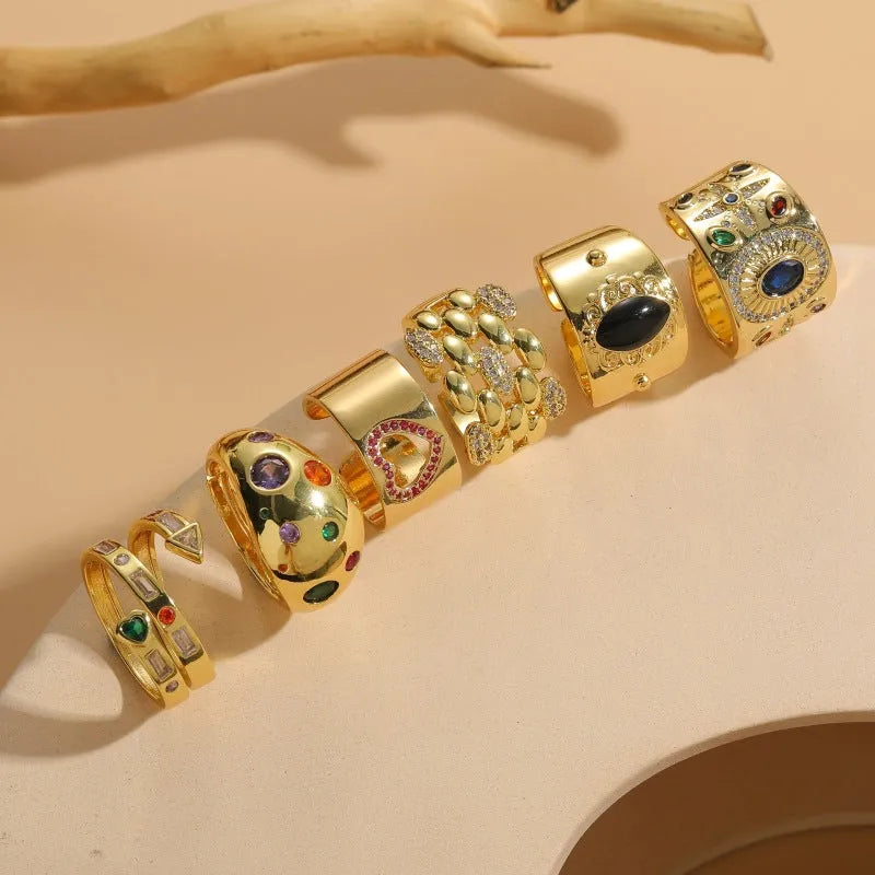 Geometric Chinese style vintage copper ring with electroplated horse eye black finish and zircon detailing