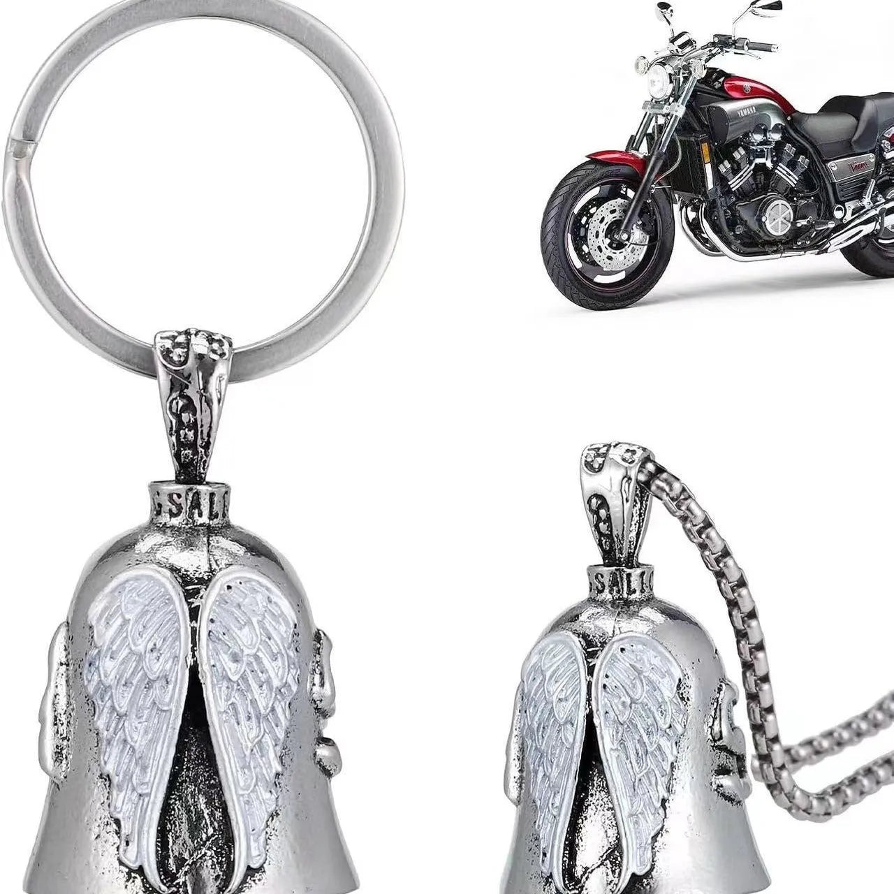 Vintage white angel feather alloy keychain and necklace on a dark background.