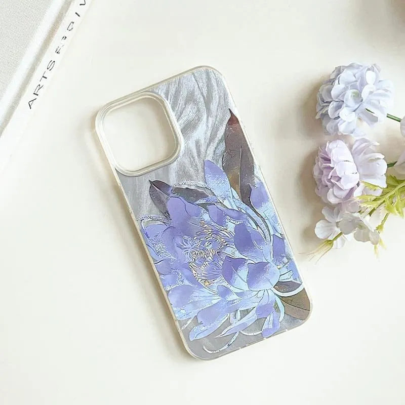Blue Lotus design hard PC phone case for iPhone with included silicone component, shown in one of four colour variants.