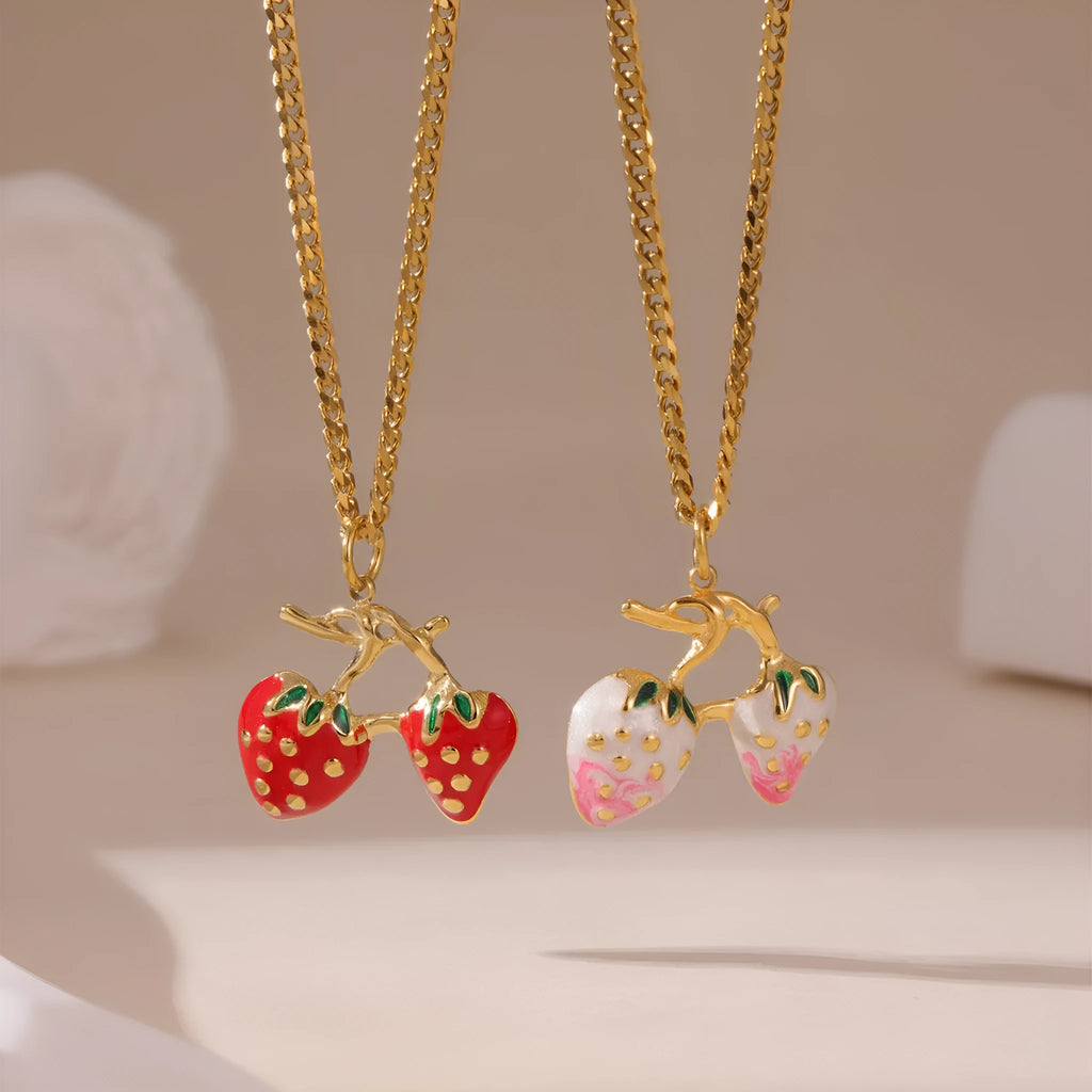Women's summer strawberry fruit pendant necklace in red or white gradient on a steel chain.