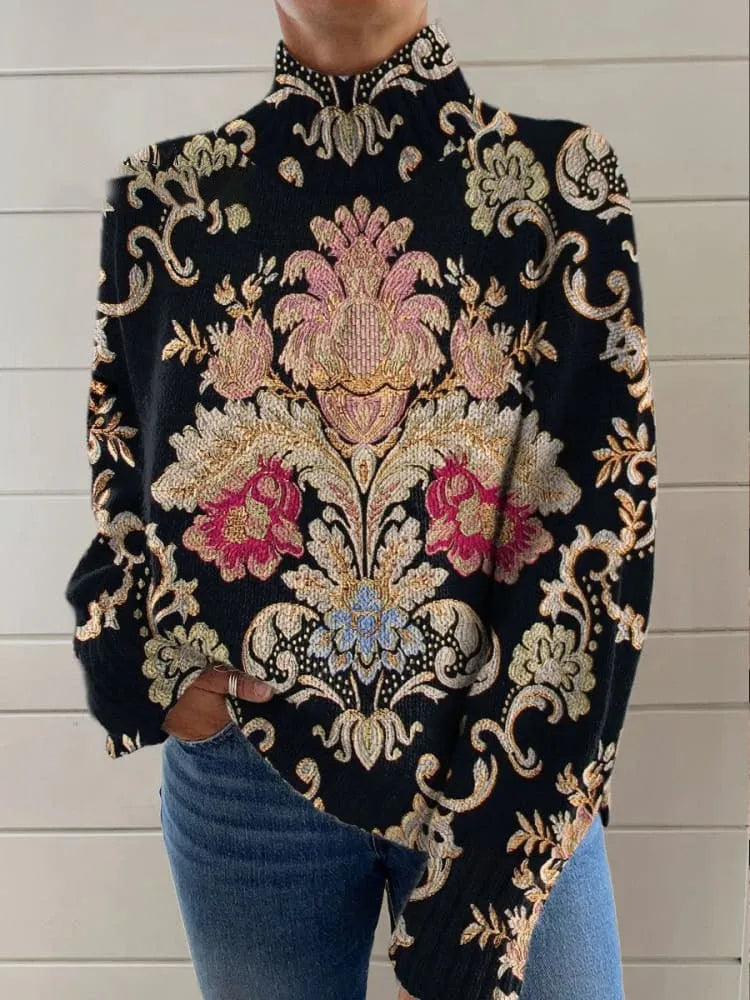 Women's black 3D pattern printed turtleneck sweater with loose fit and regular sleeves