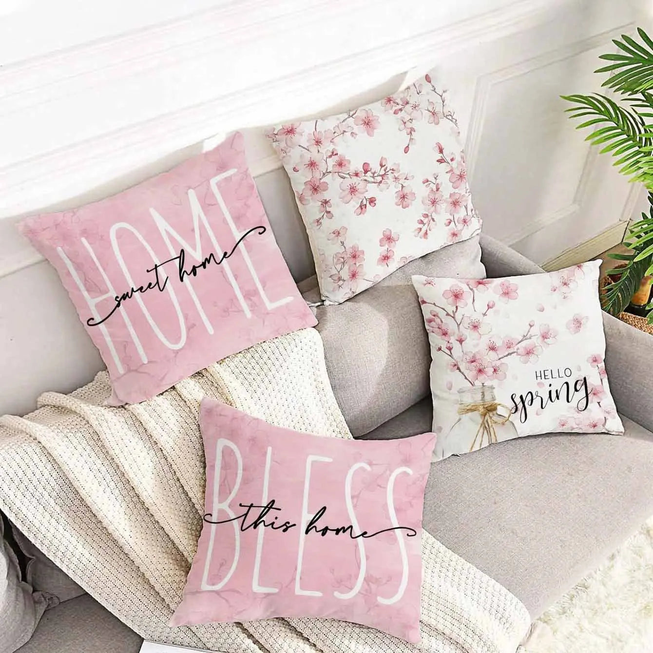 Square short velvet cushion cover with cherry blossom and letter print, 45cm.