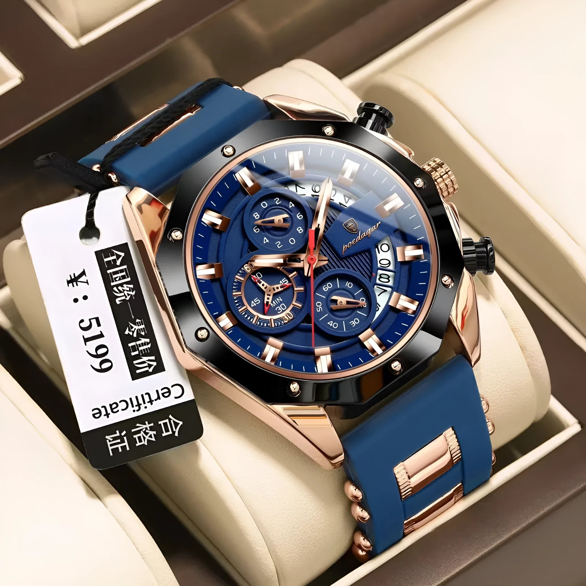 Men's chronograph watch with silicone strap and diamond-shaped dial in alloy case
