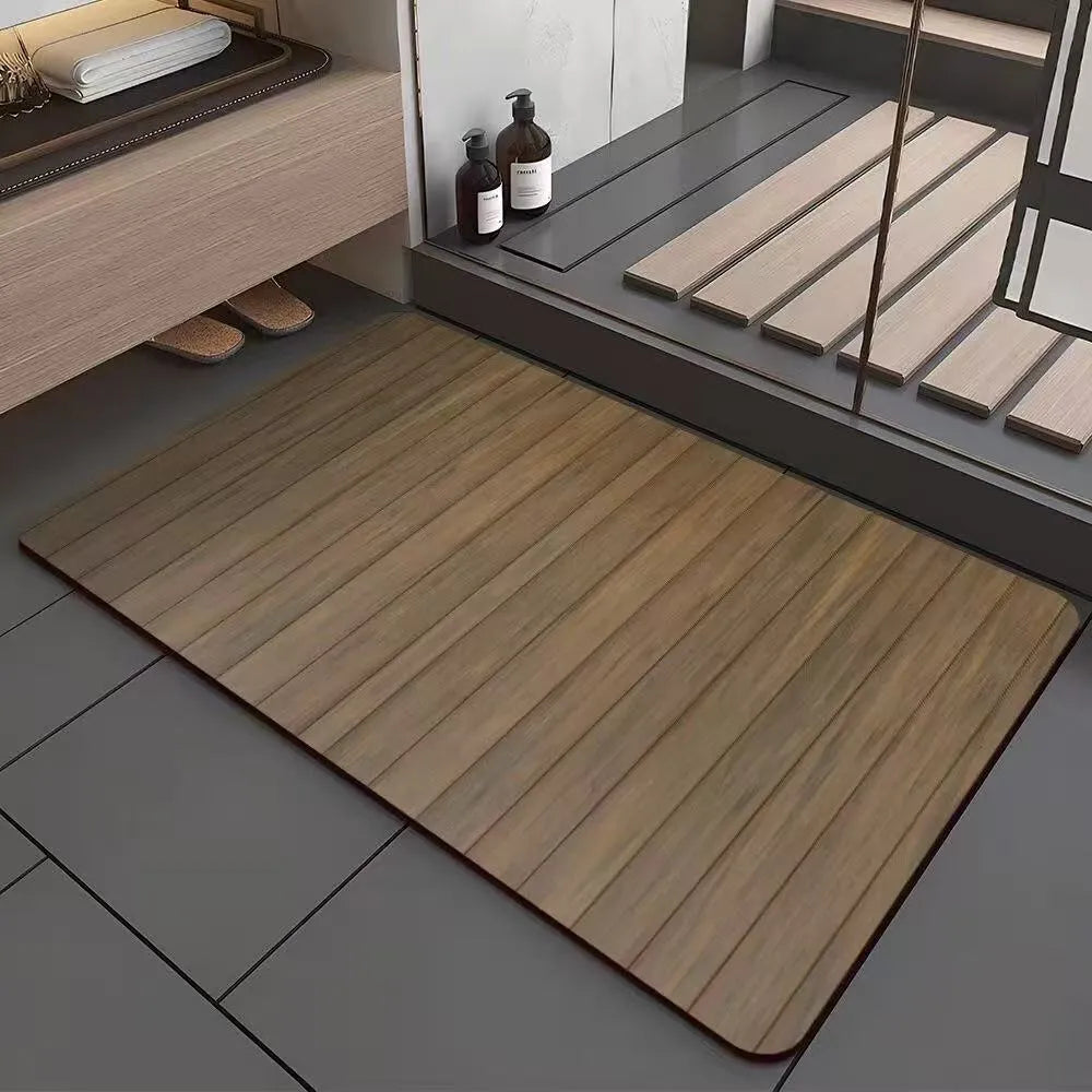 Square American wood grain patterned diatom ooze bathroom floor mat on a tiled floor.
