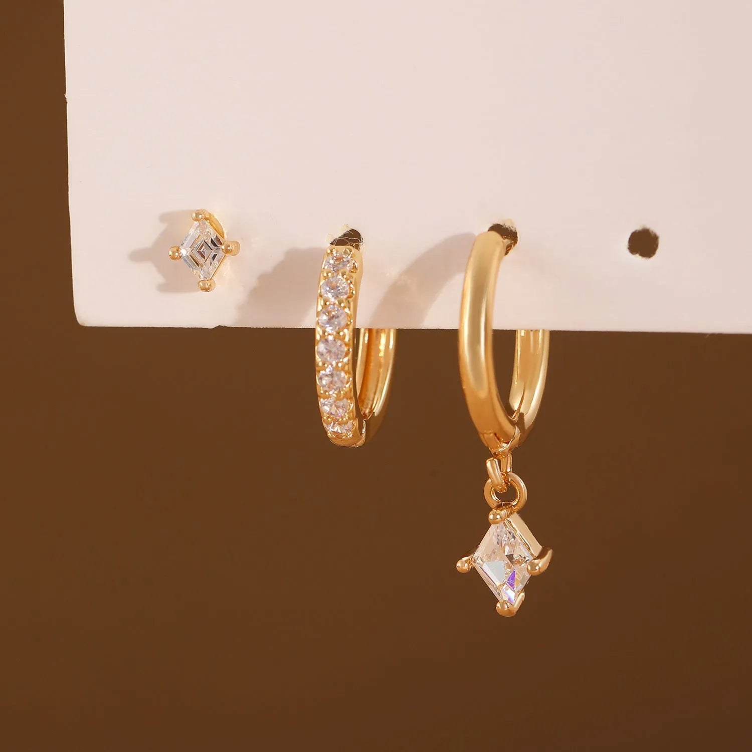 Ladies three-piece zircon earring set with geometrical designs in gold and silver colour options