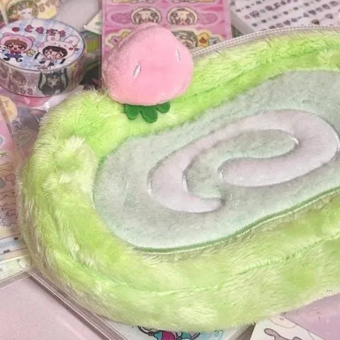 Velvet pencil case in Swiss roll cake design with zip closure for stationery storage
