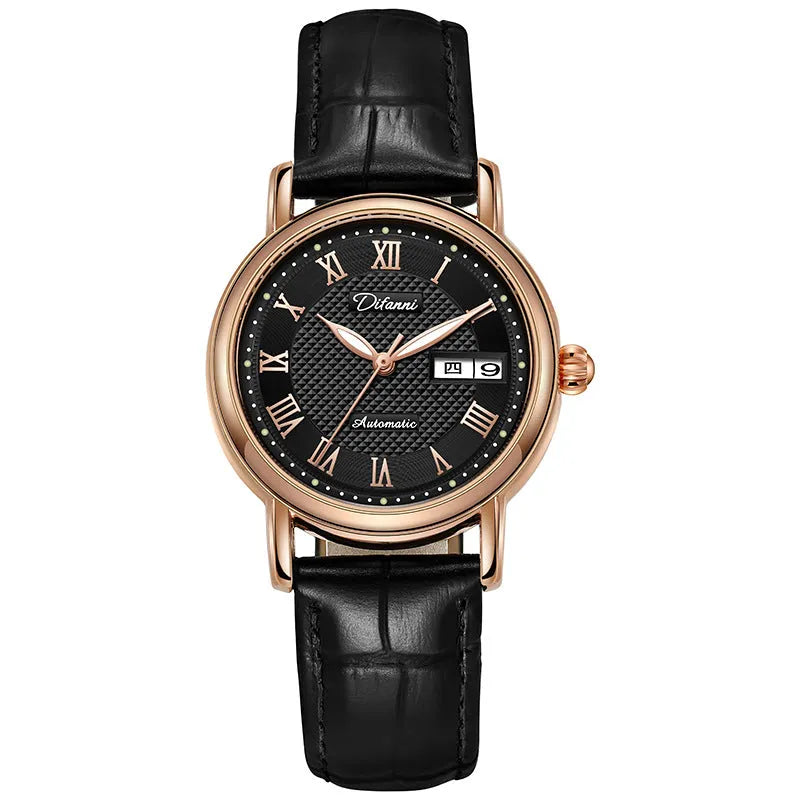 Automatic women's mechanical fashion watch with a 12mm thick case on a steel bracelet.