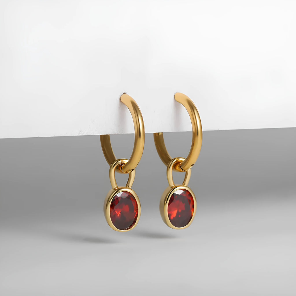 Retro oval zircon earrings for women in copper, shown in one of six colours: white, emerald, army green, black, red, or blue.