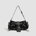 Black dumpling shaped retro shoulder handbag with oil wax PU leather and organisational compartments