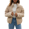 Women's apricot corduroy jacket with stand collar and front zipper on mannequin