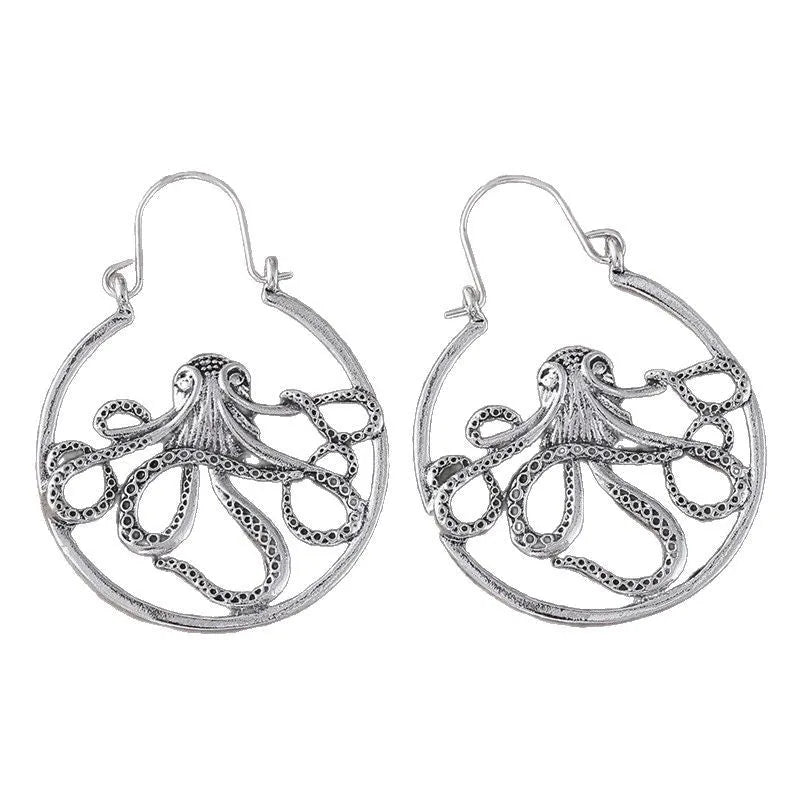 Vintage antique silver octopus earrings with detailed tentacle design on zinc alloy