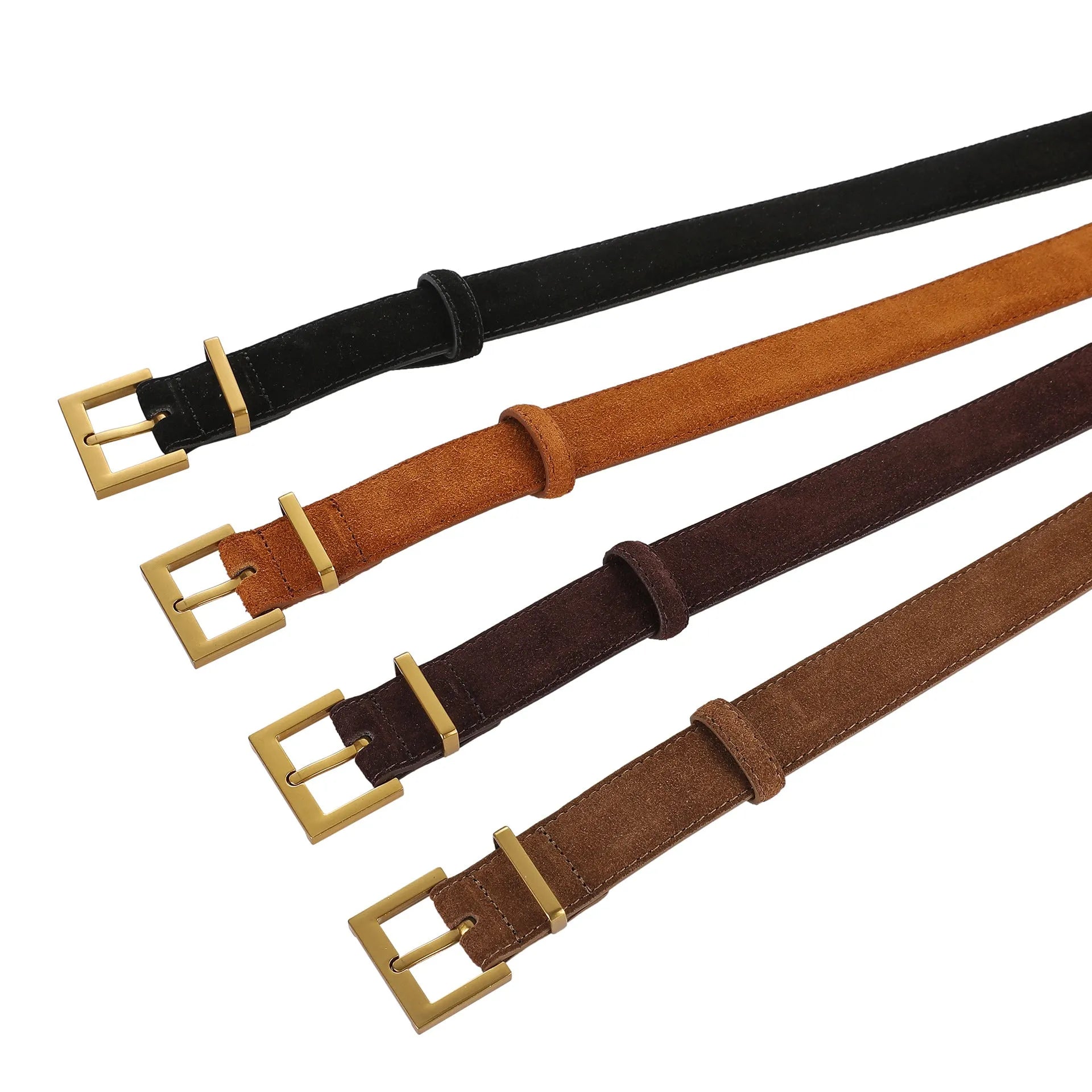 Ladies leather belt with pin buckle in black showing quadrilateral buckle detail