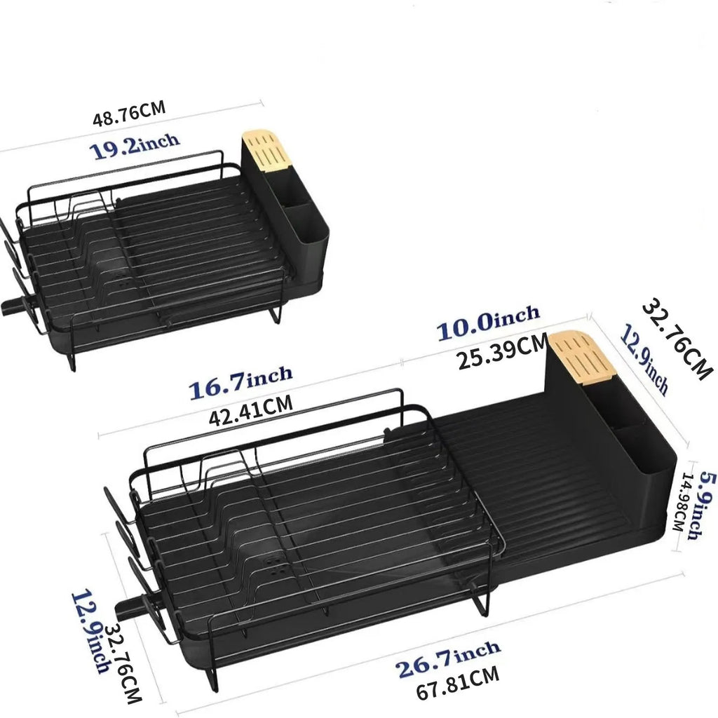 Carbon steel retractable kitchen dish rack holding cutlery and cups for drying