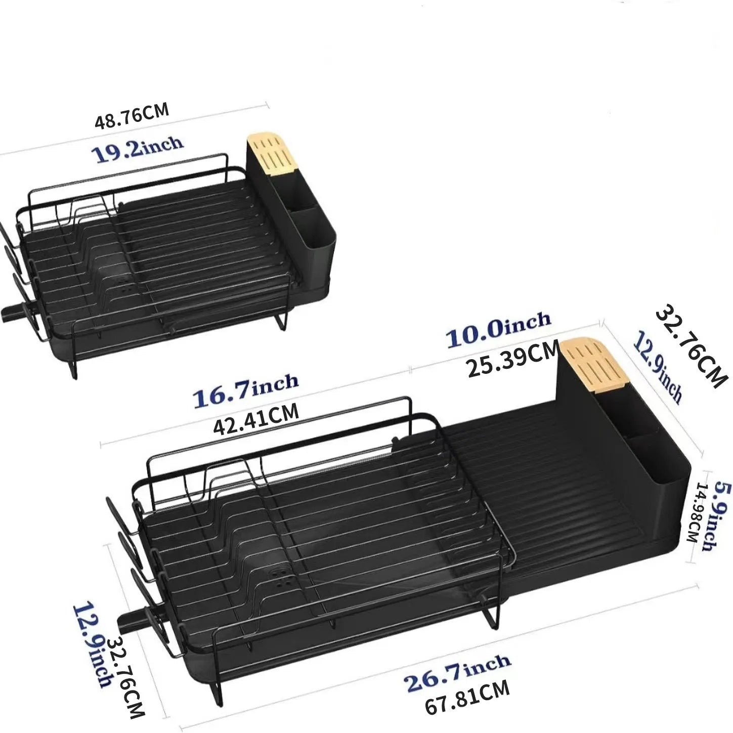 Carbon steel retractable kitchen dish rack holding cutlery and cups for drying