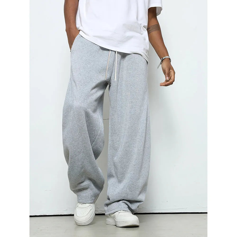 Men's casual straight leg polyester trousers with elastic drawstring waist in solid colours