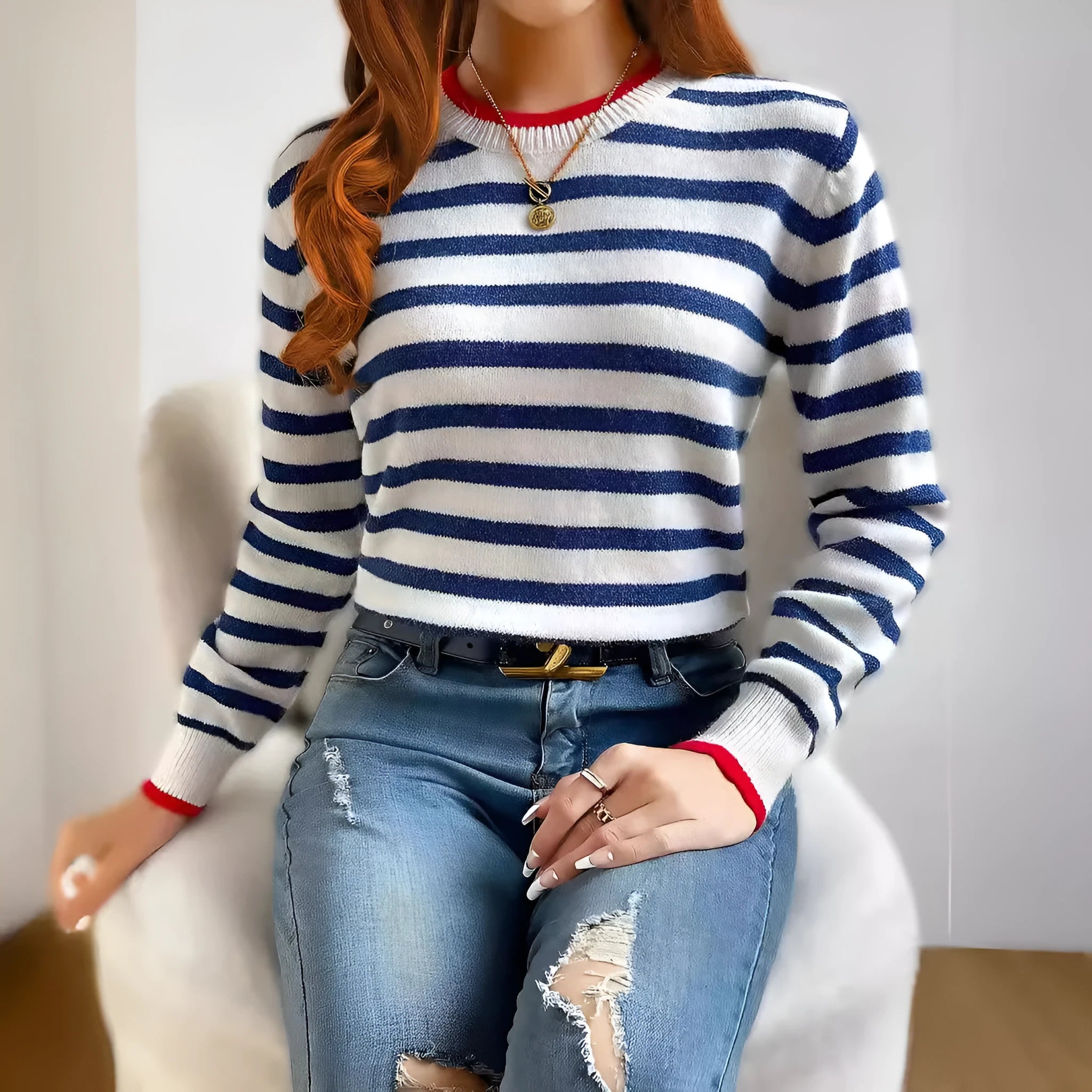 Sapphire Blue striped pullover sweater with contrast colour details and round neck