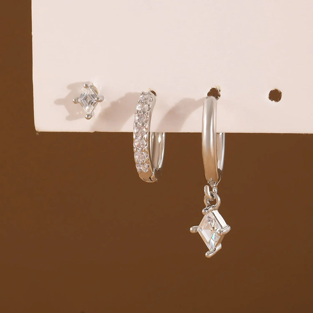 Ladies three-piece zircon earring set with geometrical designs in gold and silver colour options