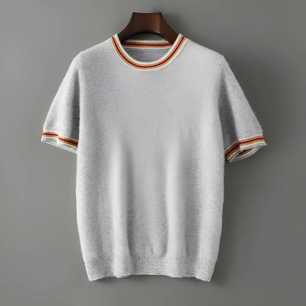 Men's pure wool short sleeve round neck sweater in grey displayed flat