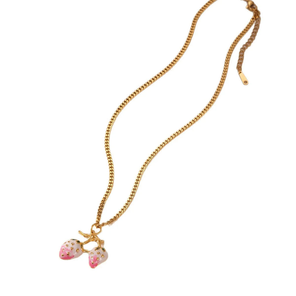 Women's summer strawberry fruit pendant necklace in red or white gradient on a steel chain.