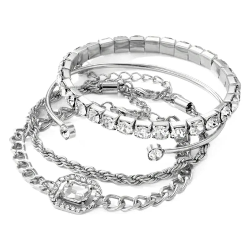 Women's geometric retro jewellery four-piece set with chain and square diamond design in alloy gold or silver finish