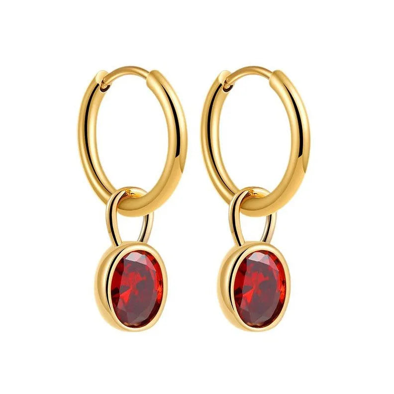 Retro oval zircon earrings for women in copper, shown in one of six colours: white, emerald, army green, black, red, or blue.