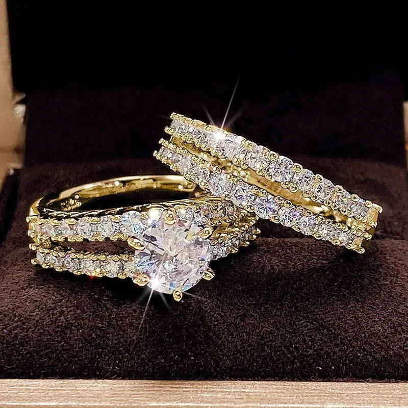 2 in 1 geometric female ring set in gold, rose gold, or silver plating with round design elements