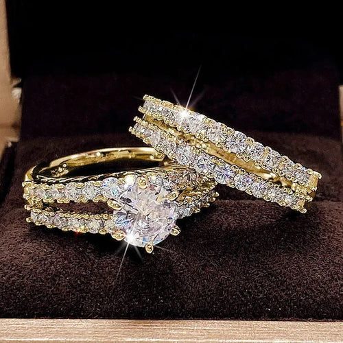 2 in 1 geometric female ring set in gold, rose gold, or silver plating with round design elements